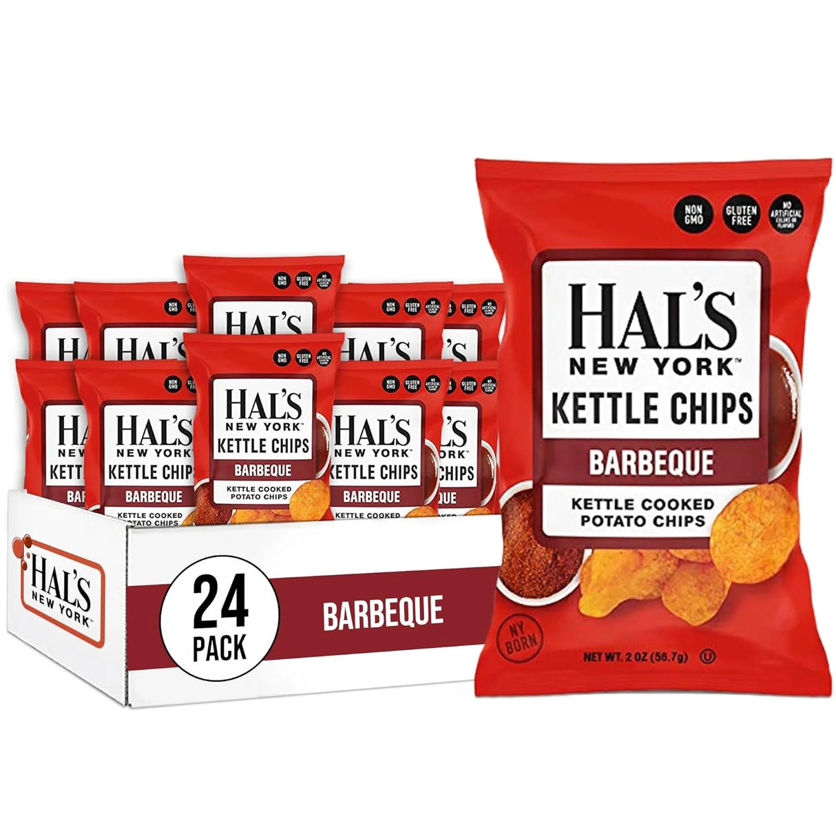 Hal's New York Kettle Cooked Potato Chips, BBQ, 2oz (Pack of 24)