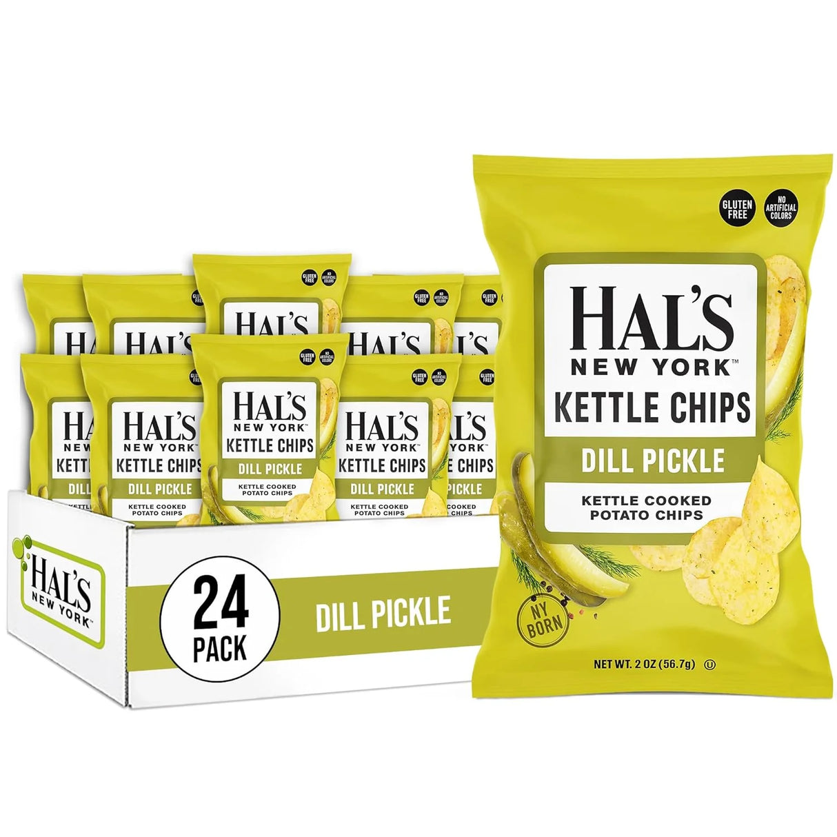 Hal's New York Kettle Cooked Potato Chips, Dill Pickel, 2oz (Pack of 24)