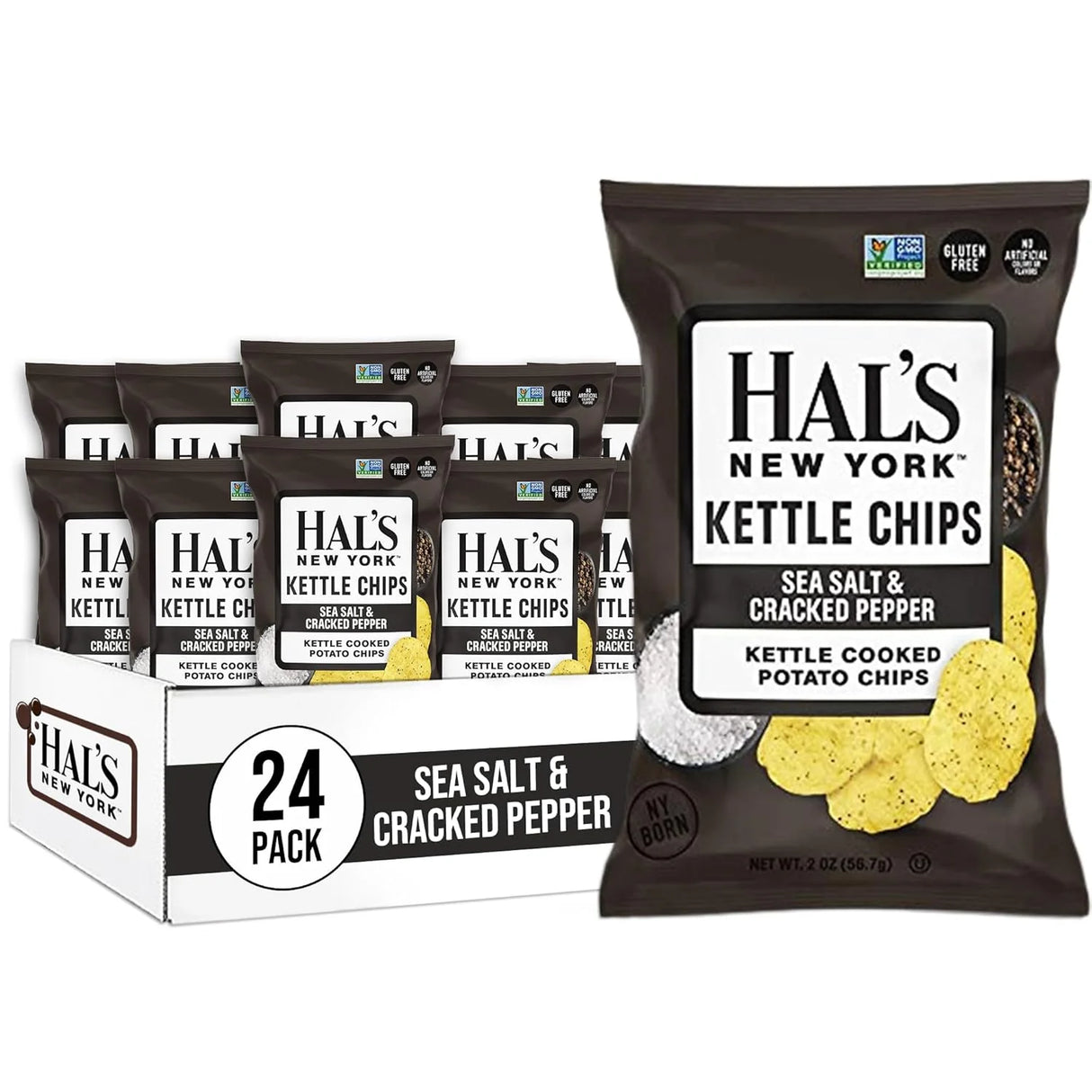 Hal's New York Kettle Cooked Potato Chips, Sea Salt & Cracked Pepper, 2oz (Pack of 24)