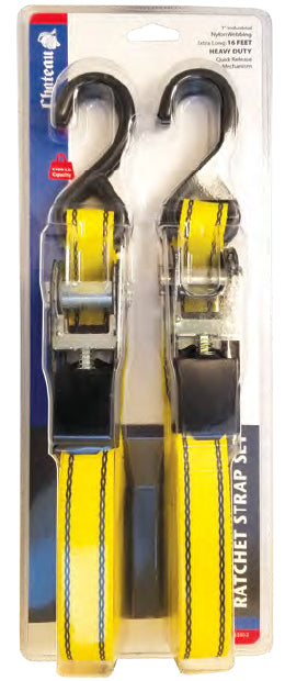 1"x16' Ratchet Tie Down (2-Pack) - Ratchet Strap Set with S-Hooks (Vinyl Coated)