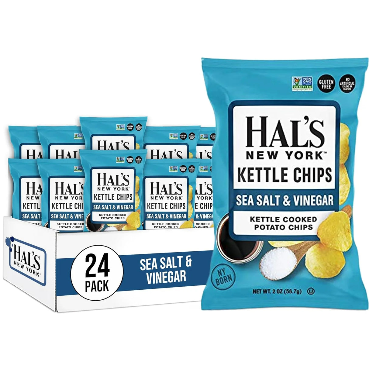Hal's New York Kettle Cooked Potato Chips, Sea Salt & Vinegar, 2oz (Pack of 24)