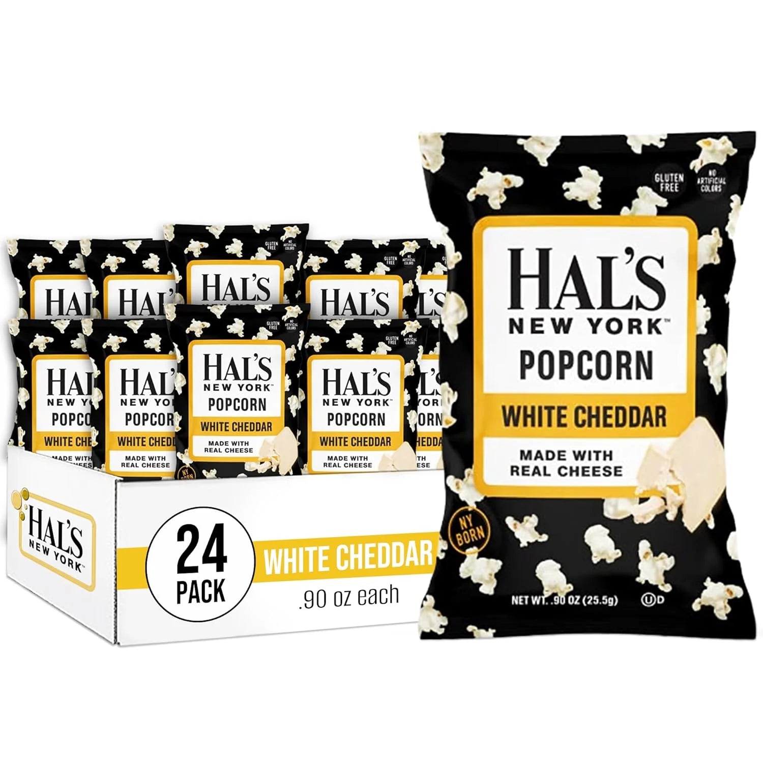 Hal's New York Popcorn, White Cheddar, 0.90oz (Pack of 24)